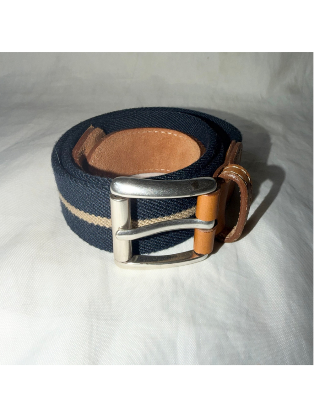 EUC Men’s 30/32 LL Bean Leather Canvas Belt Navy Blue/Tan Silver Buckle